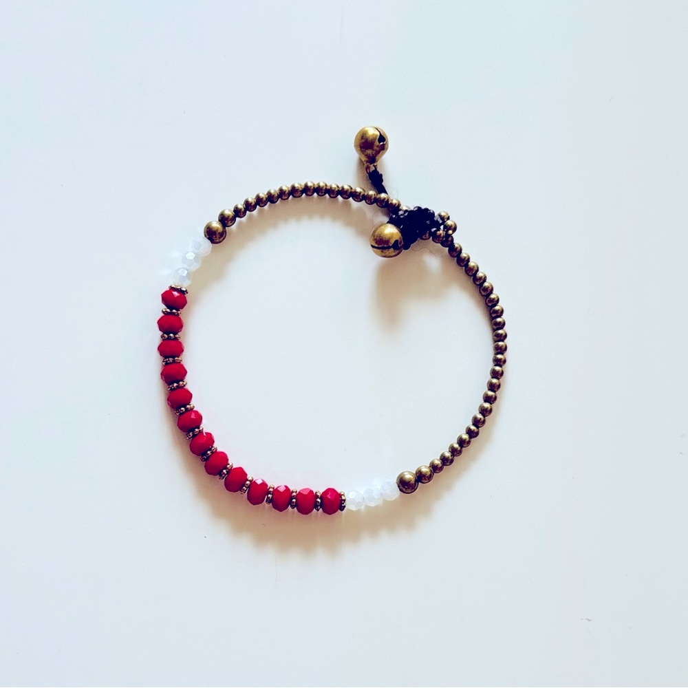 BOHEMIAN Red, White, & Brass Gold Beaded Jingle Boho Bracelet